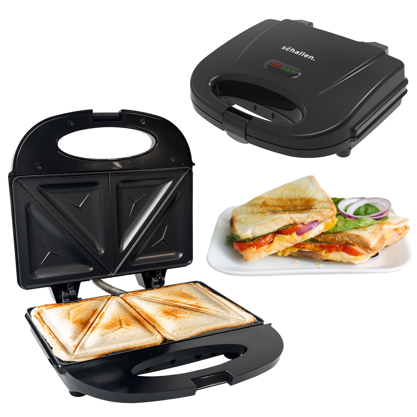Schallen Black Sandwich Maker Butty Toaster Toastie Maker Making Machine with Non-Stick Coating & Heat Insulated Handle - Safety Thermal Cut-Out, Thermo Control & Locking System LED Light (Black)