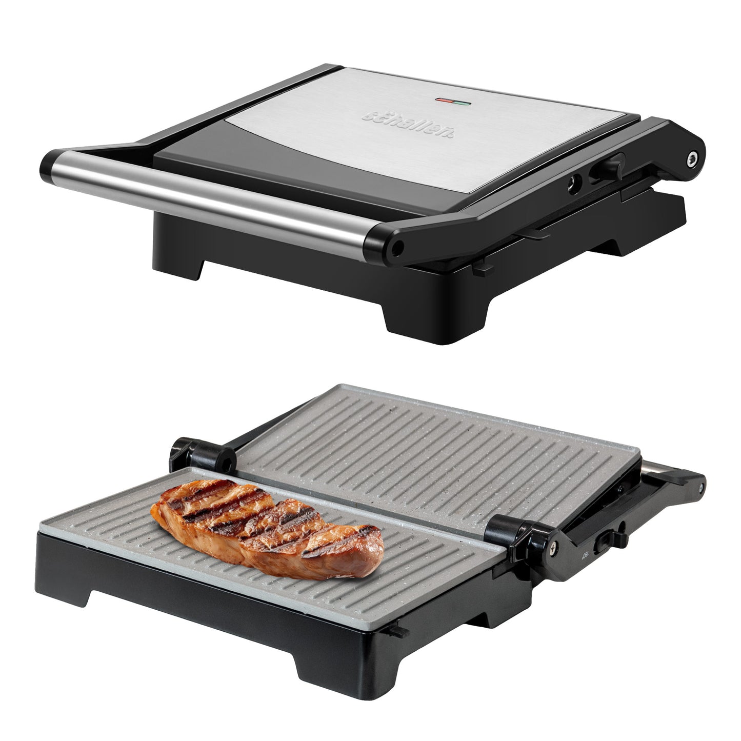 Schallen Panini Grill Press, 2 Slice Sandwich Panini Press & Toastie Maker Machine with Non Stick Hot Plates & Cool Touch Handle 1000W (Black & Silver, Stainless Steel)