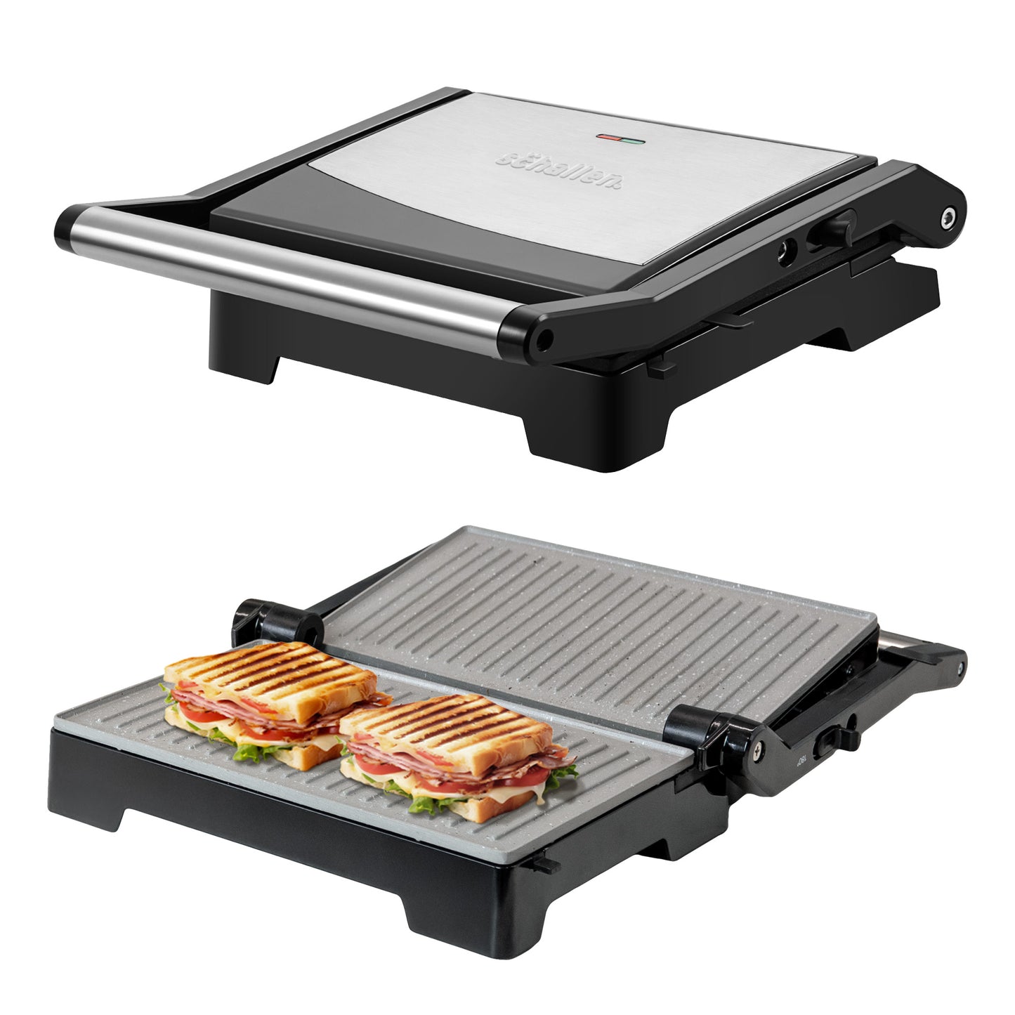 Schallen Panini Grill Press, 2 Slice Sandwich Panini Press & Toastie Maker Machine with Non Stick Hot Plates & Cool Touch Handle 1000W (Black & Silver, Stainless Steel)