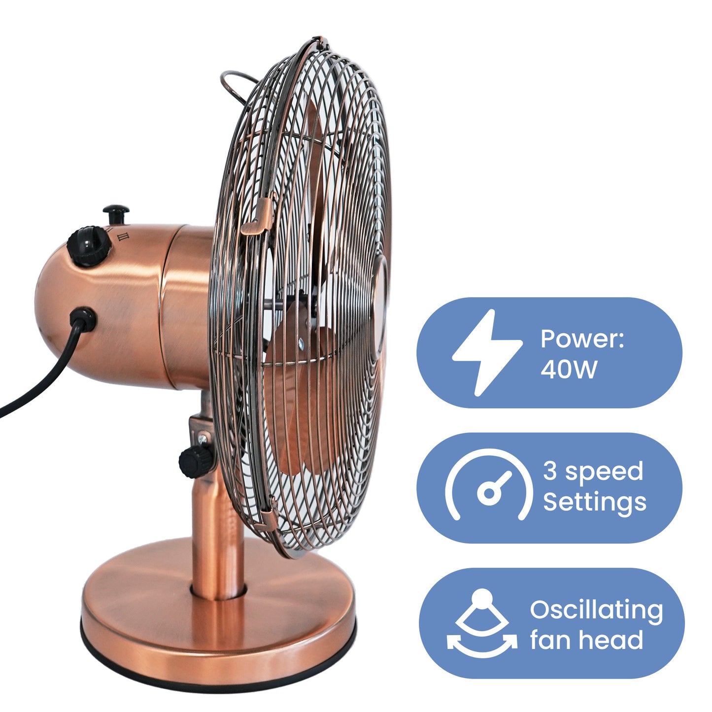 Schallen Copper Electric Sturdy Metal 12" 3 Speed Tilt Oscillating Worktop Desk Table Fan