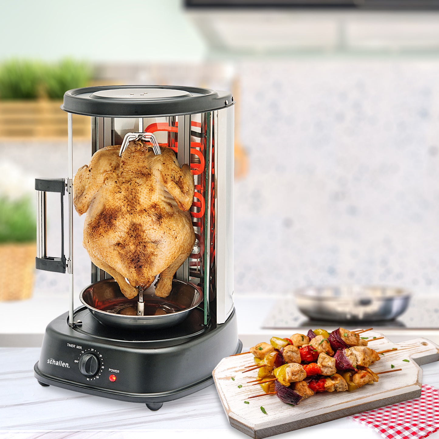 Schallen Electric 1500W 360° Rotating 21L Rotisserie Grill for Kebabs, Skewers and Roasts