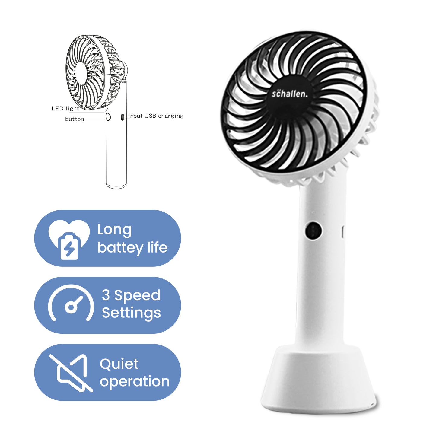 Schallen Black Mini Portable Travel Handheld Fan Battery Powered USB Rechargeable Lightweight Fan