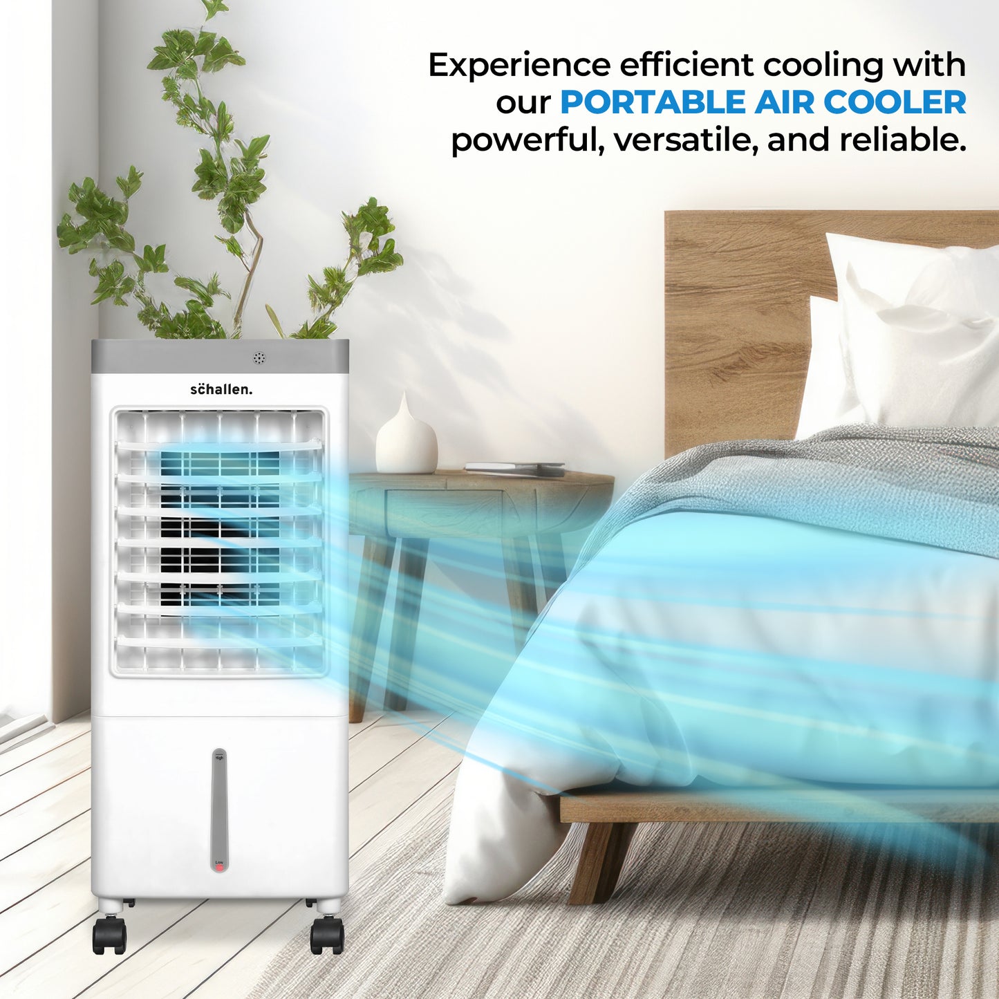 Schallen Portable Air Cooler for Home & Office Use, Sleek Design 3 Speed Settings with Large 10 Litre Water Tank, Remote Control, 65W (White & Grey)