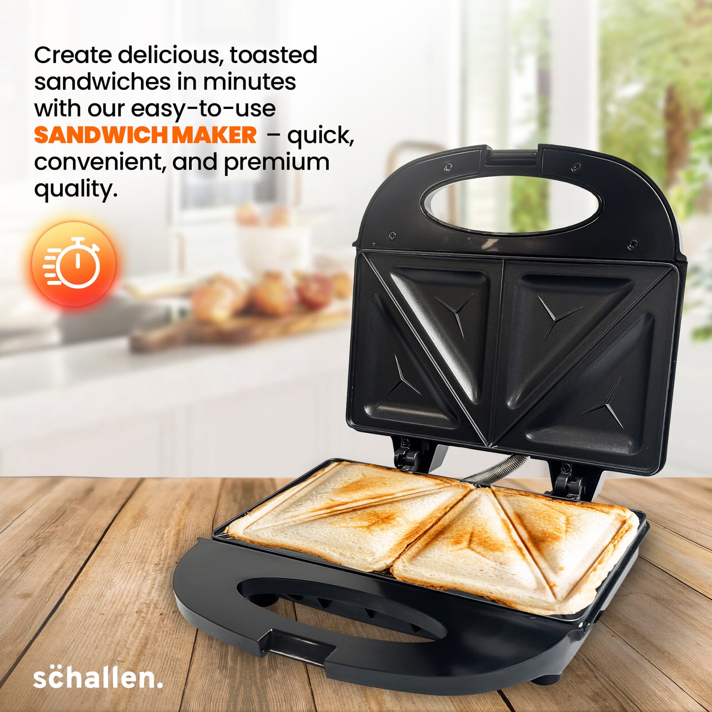 Schallen Black Sandwich Maker Butty Toaster Toastie Maker Making Machine with Non-Stick Coating & Heat Insulated Handle - Safety Thermal Cut-Out, Thermo Control & Locking System LED Light (Black)