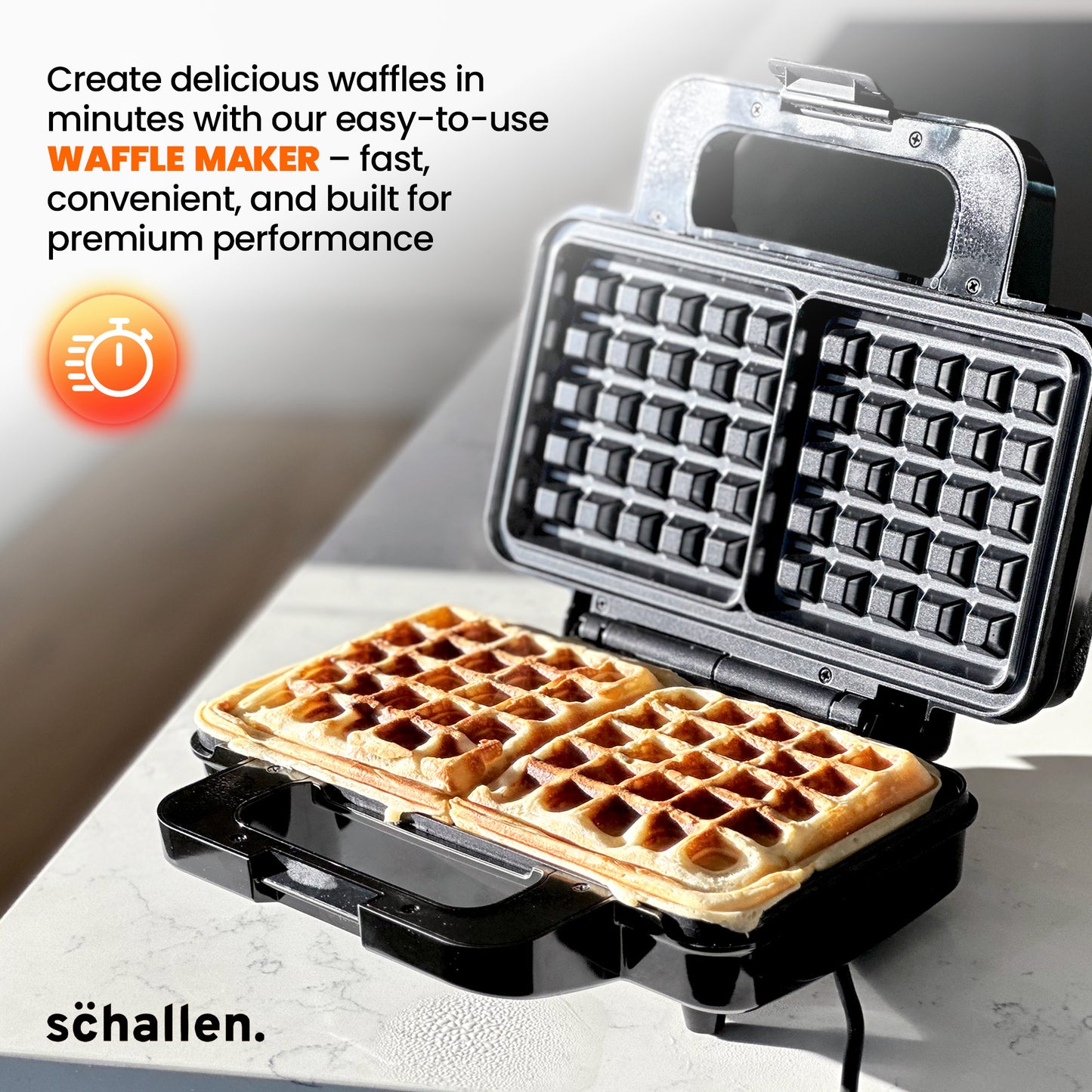 Schallen Waffler Maker, Large 2 Slice Square Non-Stick Hot Plates, Temperature Controlled Belgian Waffle Making Machine for Breakfast or Snacks (Stainless Steel, Black & Silver)