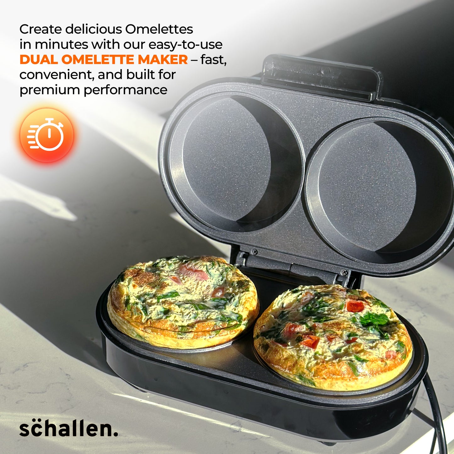 Schallen Electric Omelette Maker Deep Fill Healthy Eating Egg Pan with Non-Stick Coated Ceramic Plates & 2 Individual Cooking Plates with Cool Touch Handle (Stainless Steel)