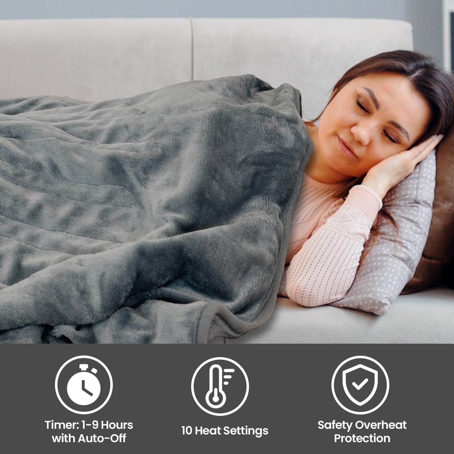 Schallen Grey Large Double Electric Soft Heated Throw Over Blanket with Timer