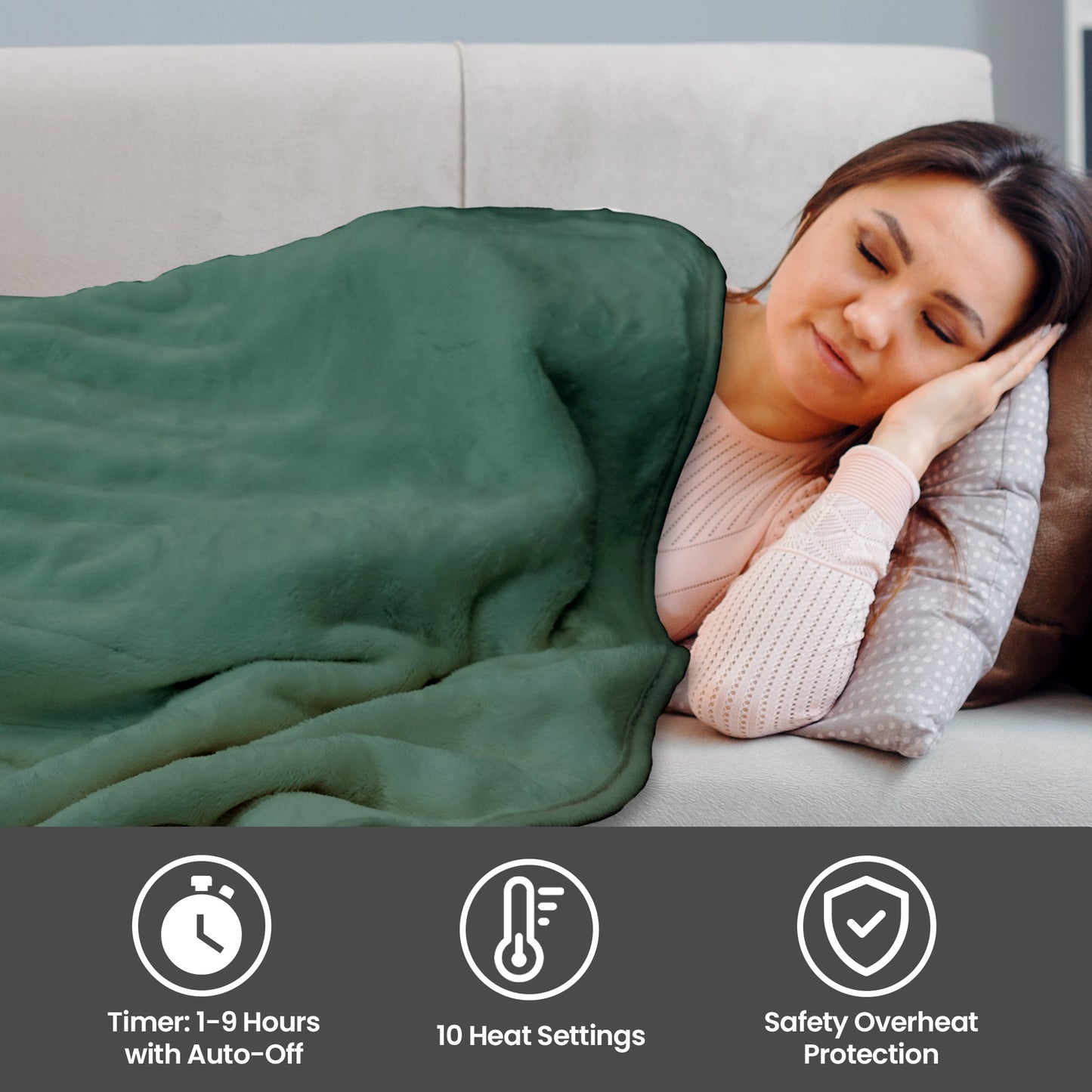 Schallen Forest Green Large Double Electric Soft Heated Throw Over Blanket with Timer
