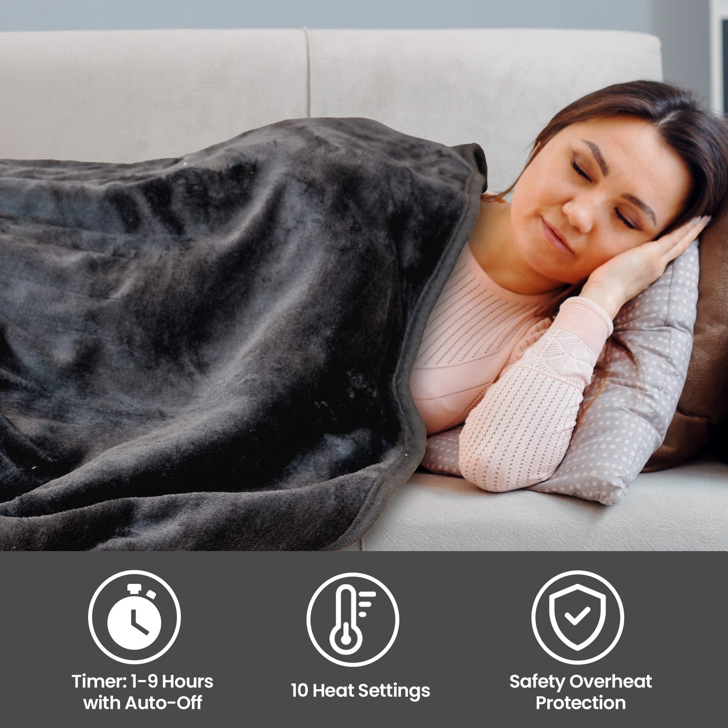 Schallen Black Large Double Electric Soft Heated Throw Over Blanket with Timer