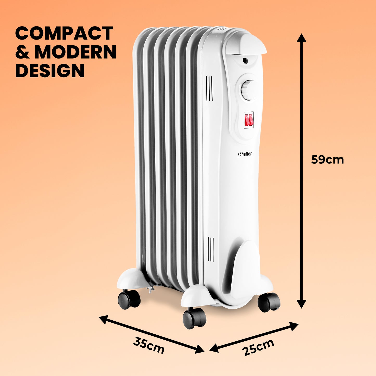 Schallen White 1500W 7 Fin Portable Electric Slim Oil Filled Radiator Heater