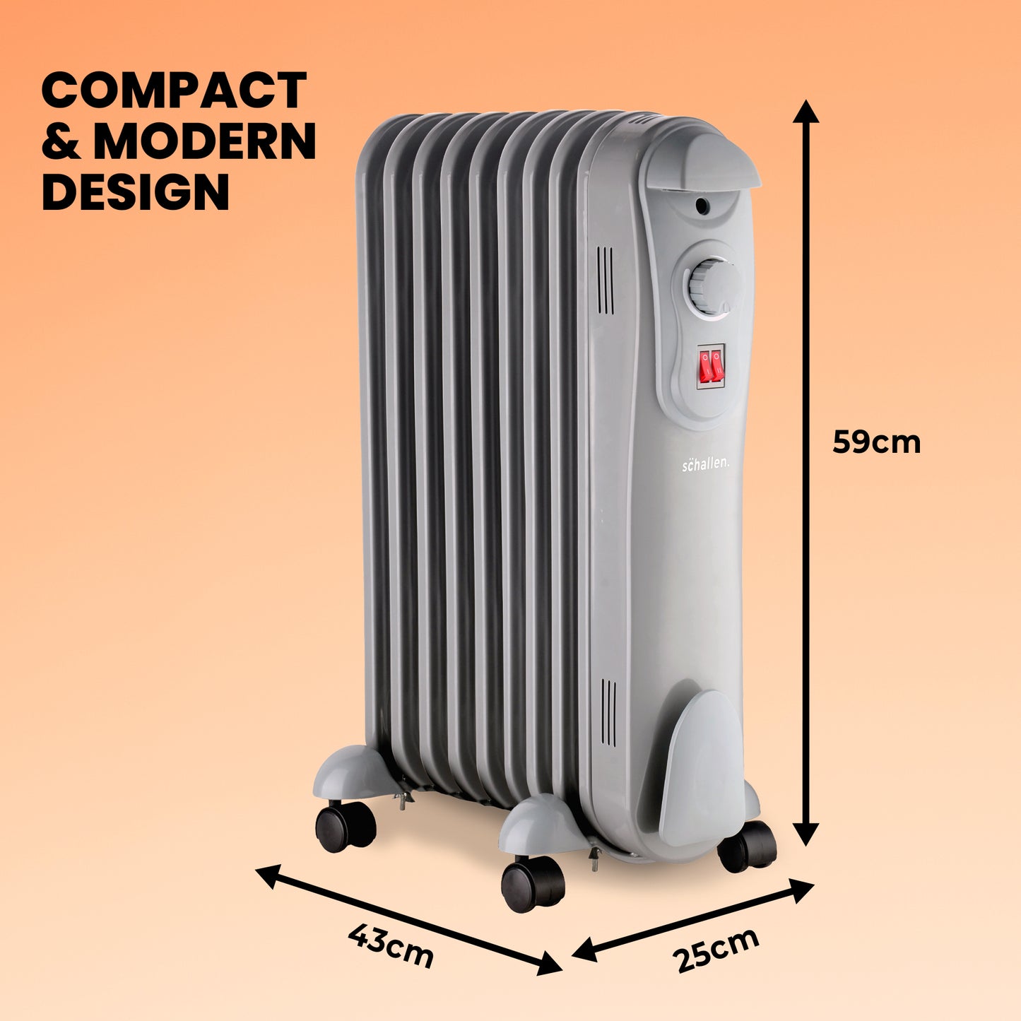 Schallen Grey 2000W 9 Fin Portable Electric Slim Oil Filled Radiator Heater