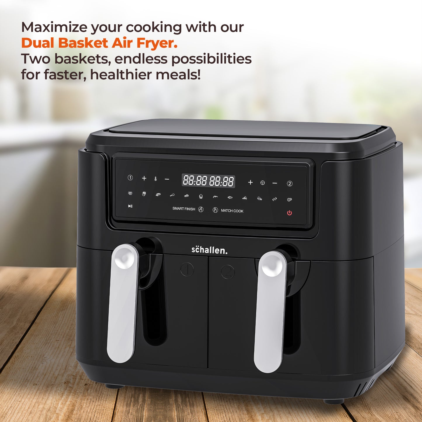 Schallen Black Dual Air Fryer, Digital, 10 Preset Functions, Low Running Cost and 60 Min Timer 
