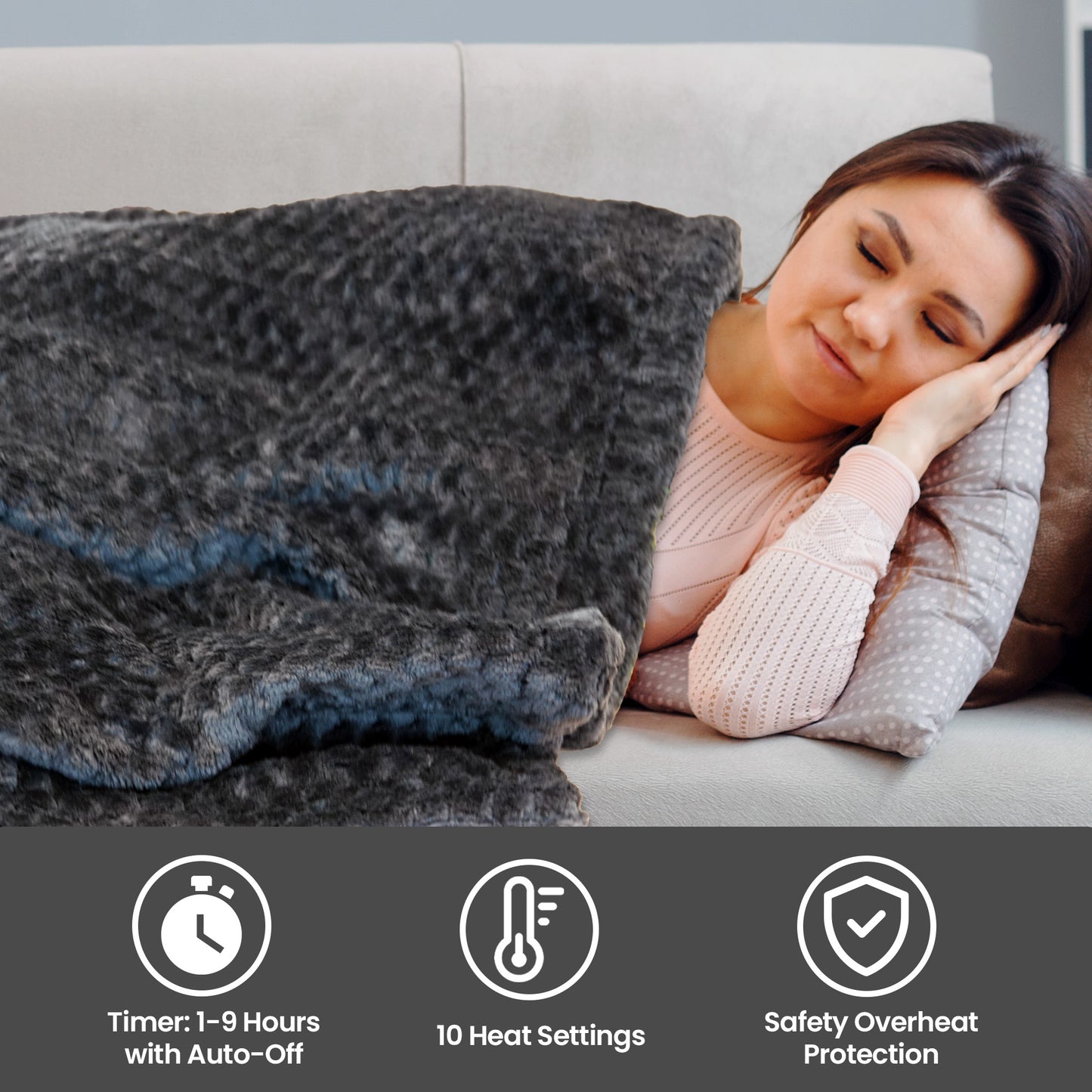 Schallen Charcoal Black Large Double Waffle Soft Fleece Electric Heated Throw Over Blanket Honeycomb Overblanket with Timer