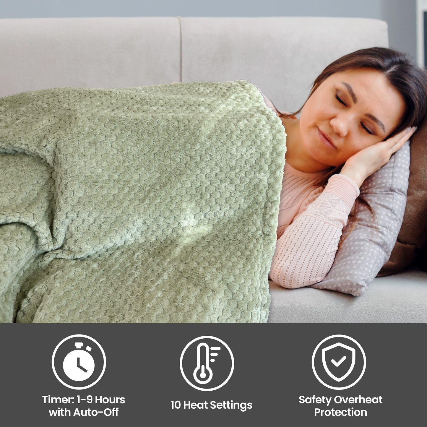 Schallen Sage Green Large Double Waffle Soft Fleece Electric Heated Throw Over Blanket Honeycomb Overblanket with Timer