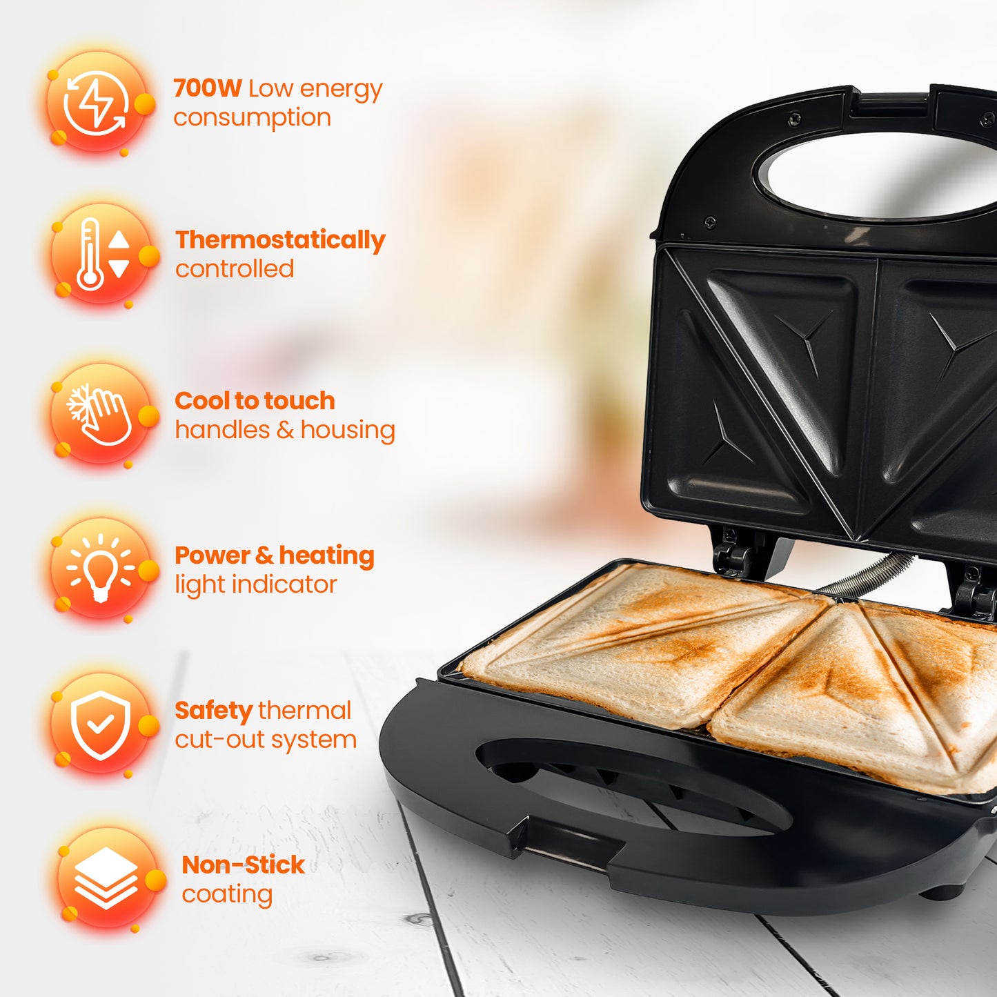 Schallen Black Sandwich Maker Butty Toaster Toastie Maker Making Machine with Non-Stick Coating & Heat Insulated Handle - Safety Thermal Cut-Out, Thermo Control & Locking System LED Light (Black)