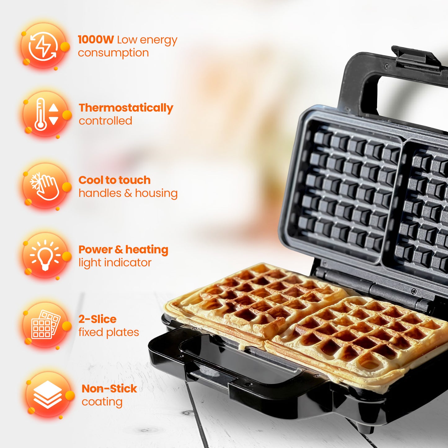 Schallen Waffler Maker, Large 2 Slice Square Non-Stick Hot Plates, Temperature Controlled Belgian Waffle Making Machine for Breakfast or Snacks (Stainless Steel, Black & Silver)