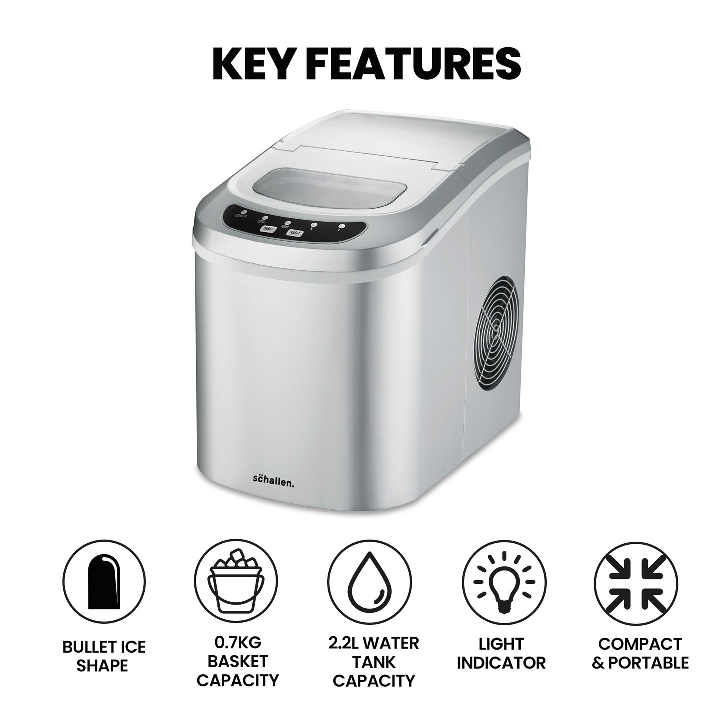 Schallen Silver Ice Maker Machine Counter Top 26lb in 24H Small & Large Ice Cubes Maker with 2.2L Tank