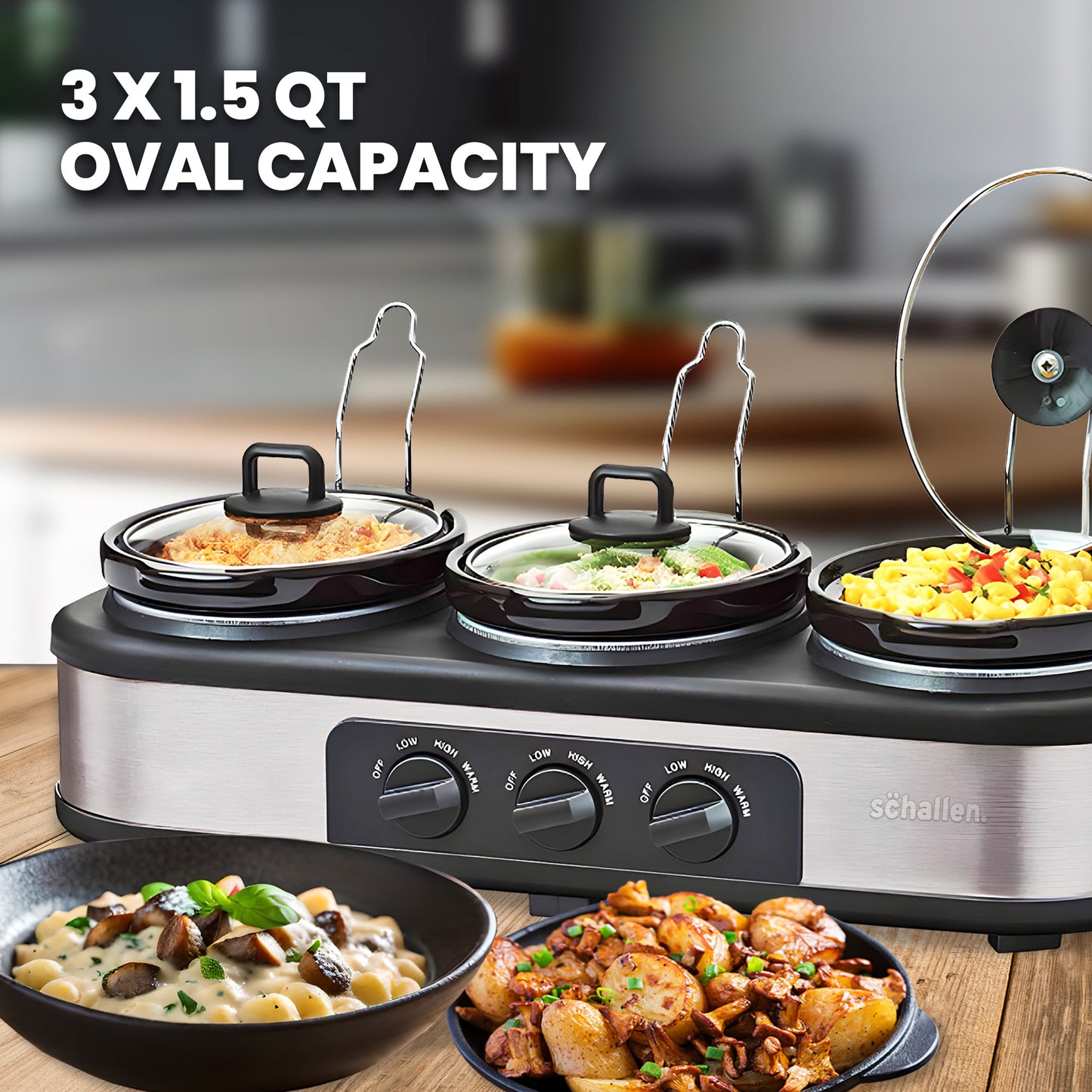 Schallen Triple 3 x 1L Stainless Steel Stew and Stir Slow Cooker Cooking Machine