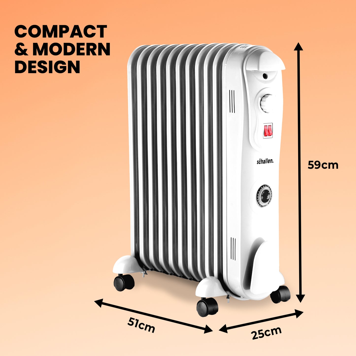Schallen White 2500W 11 Fin Portable Electric Slim Oil Filled Radiator Heater with Timer