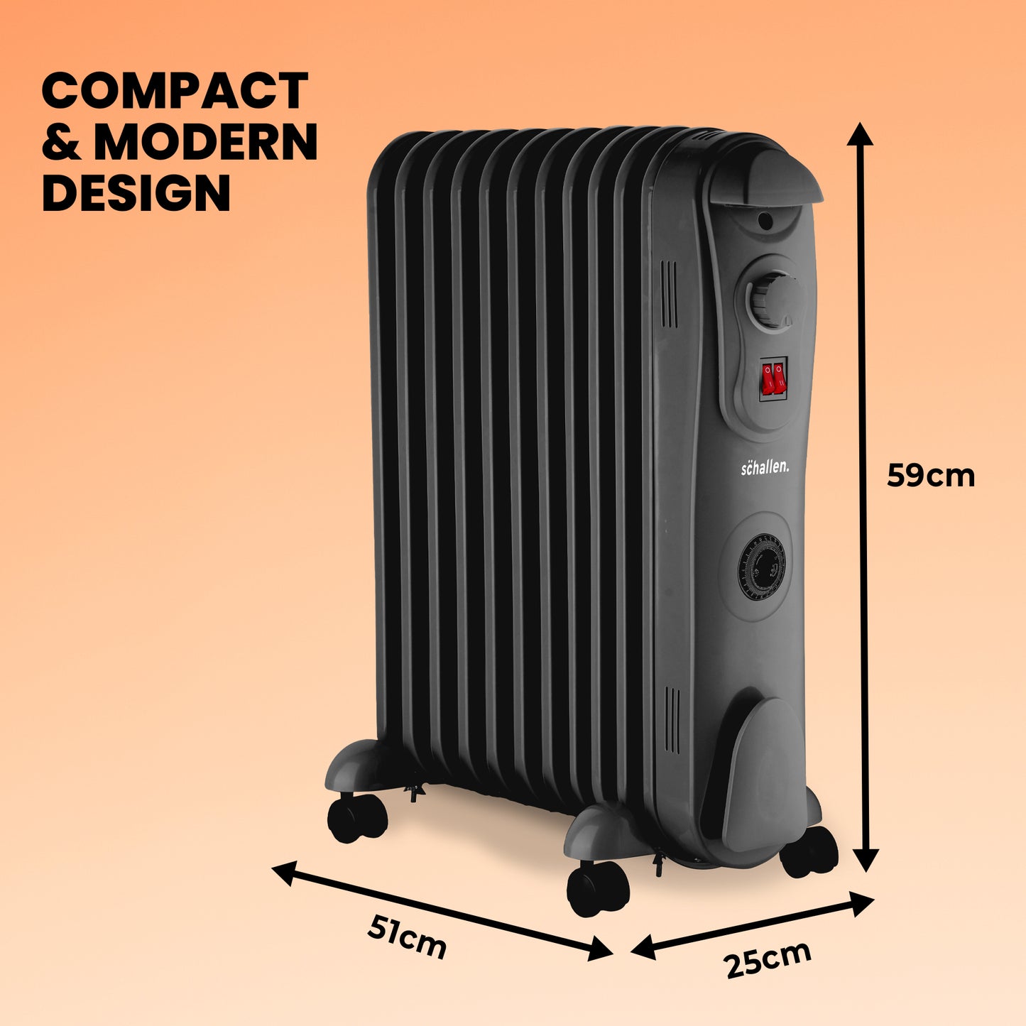 Schallen Black 2500W 11 Fin Portable Electric Slim Oil Filled Radiator Heater with Timer