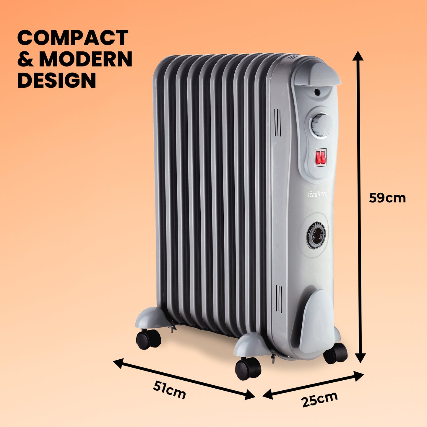Schallen Grey 2500W 11 Fin Portable Electric Slim Oil Filled Radiator Heater with Timer