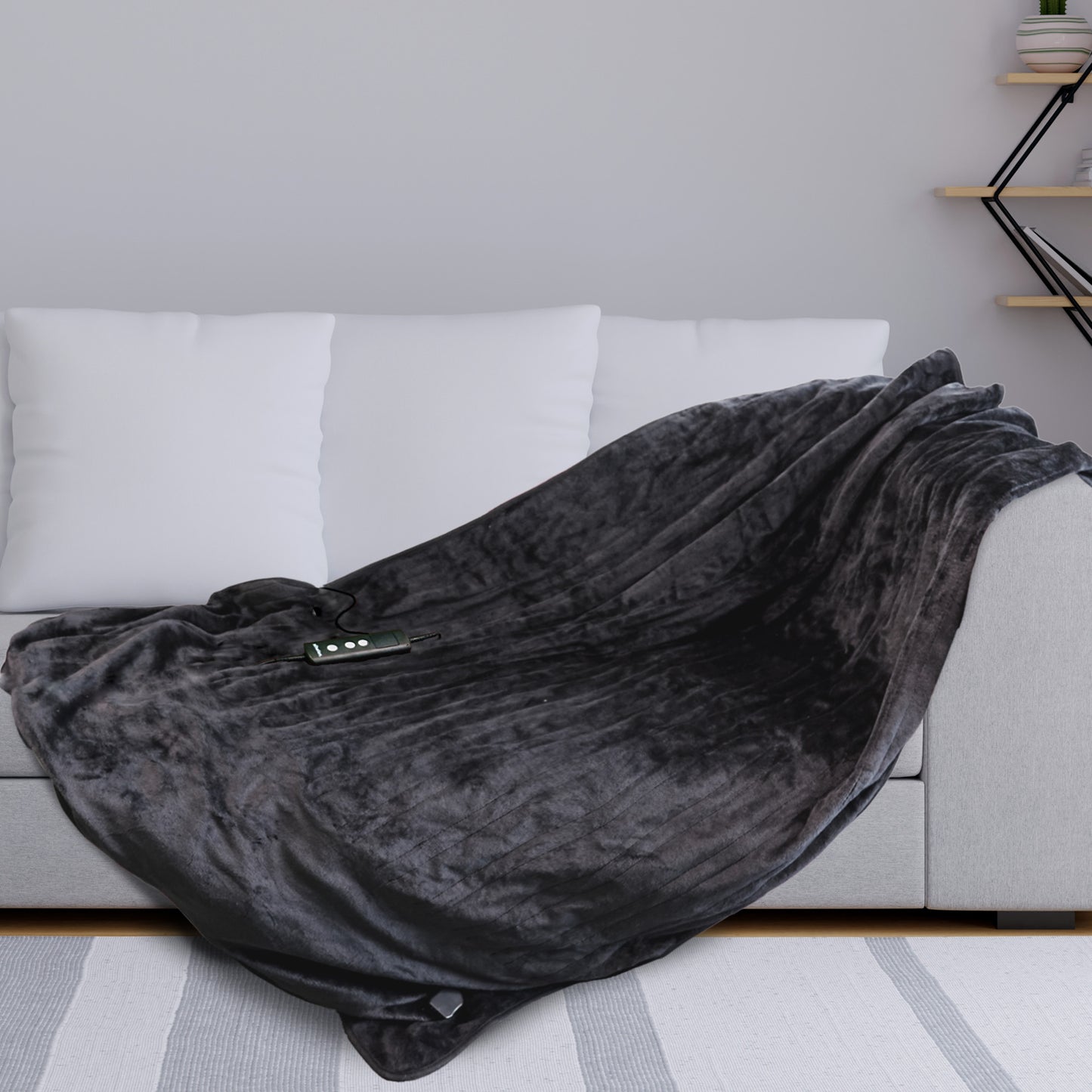 Schallen Charcoal Black Large Double Waffle Soft Fleece Electric Heated Throw Over Blanket Honeycomb Overblanket with Timer