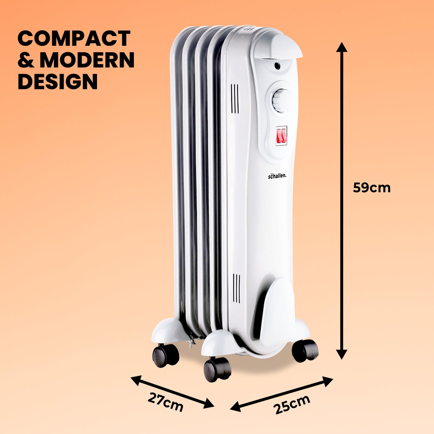 Schallen White 1000W 5 Fin Portable Electric Slim Oil Filled Radiator Heater