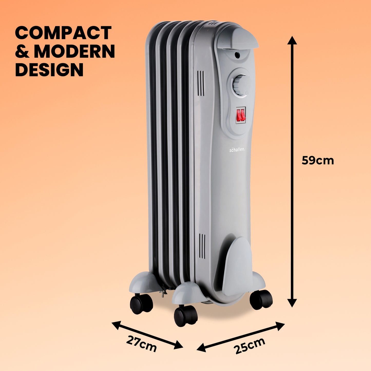 Schallen Grey 1000W 5 Fin Portable Electric Slim Oil Filled Radiator Heater