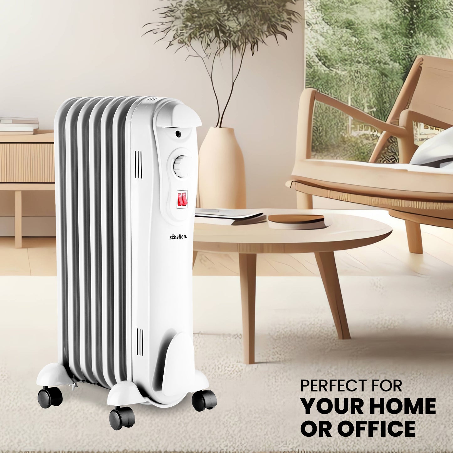 Schallen White 1500W 7 Fin Portable Electric Slim Oil Filled Radiator Heater