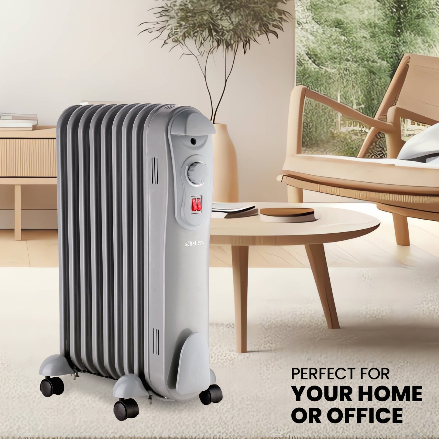 Schallen Grey 2000W 9 Fin Portable Electric Slim Oil Filled Radiator Heater