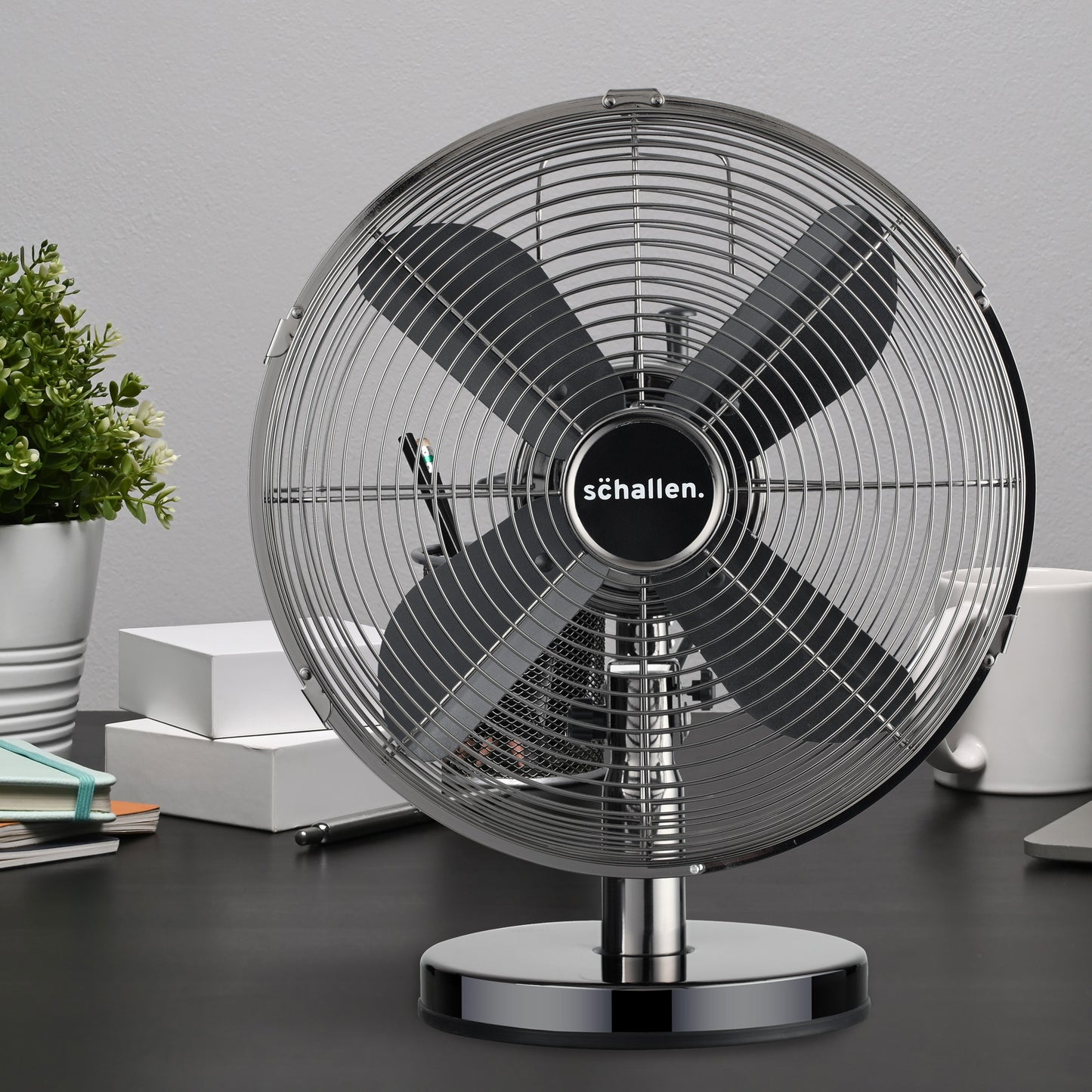 Schallen Gunmetal Black Electric Sturdy Metal 12" 3 Speed Tilt Oscillating Worktop Desk Table Fan