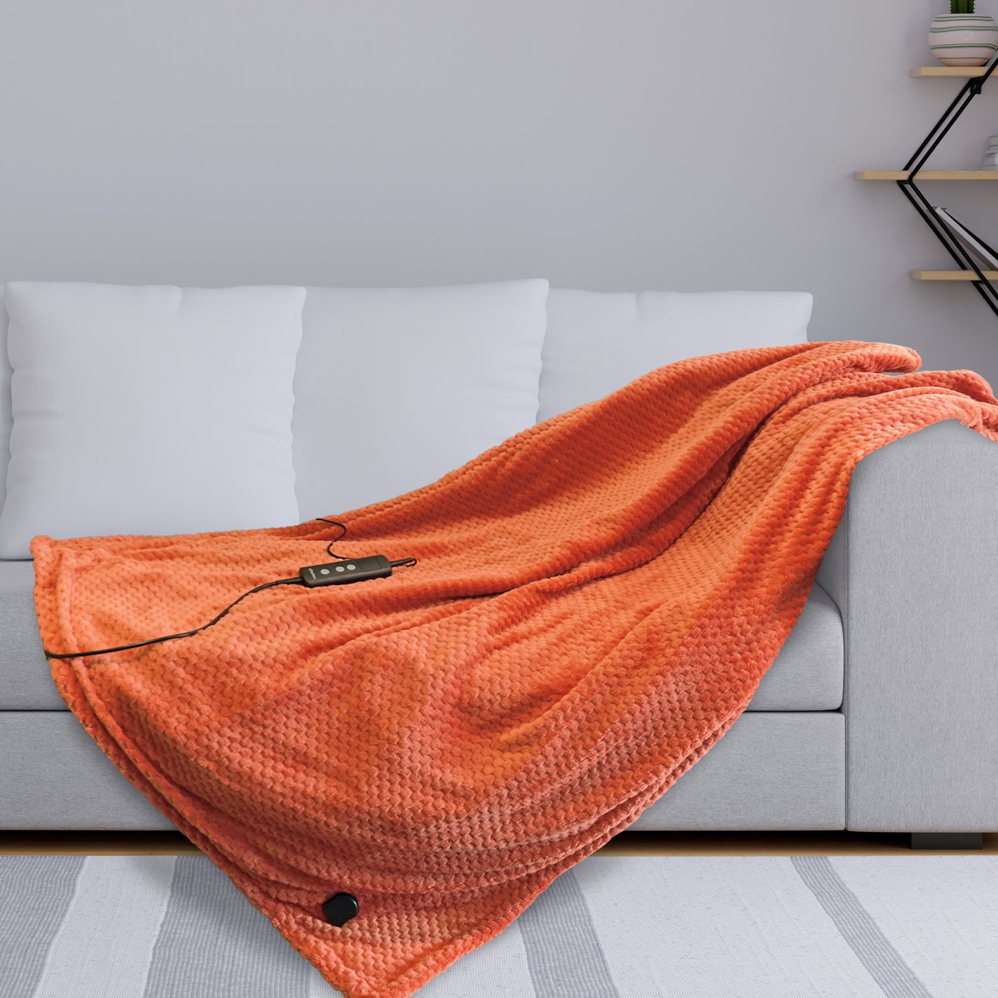 Schallen Rust Burnt Orange Large Double Waffle Soft Fleece Electric Heated Throw Over Blanket Honeycomb Overblanket with Timer