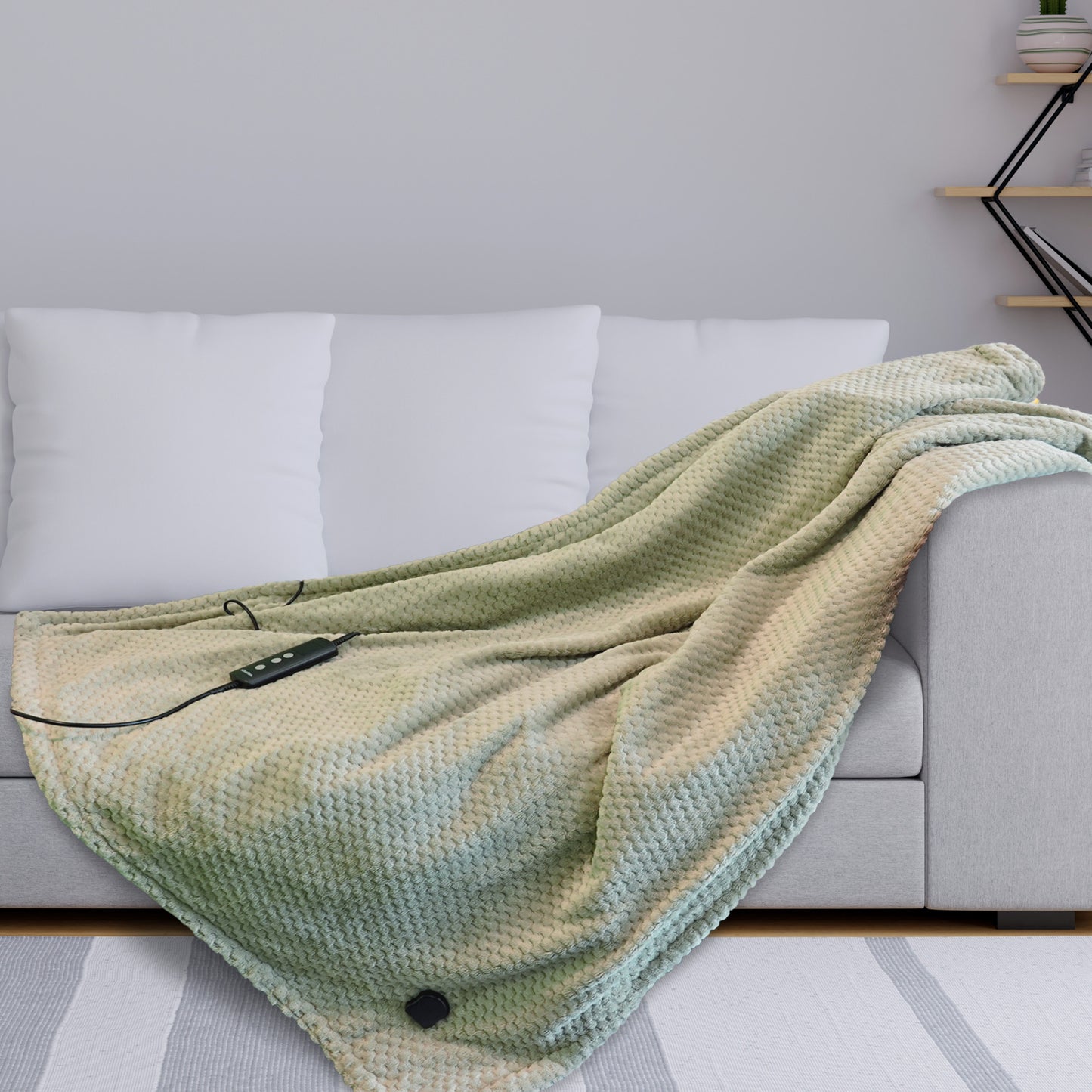 Schallen Sage Green Large Double Waffle Soft Fleece Electric Heated Throw Over Blanket Honeycomb Overblanket with Timer