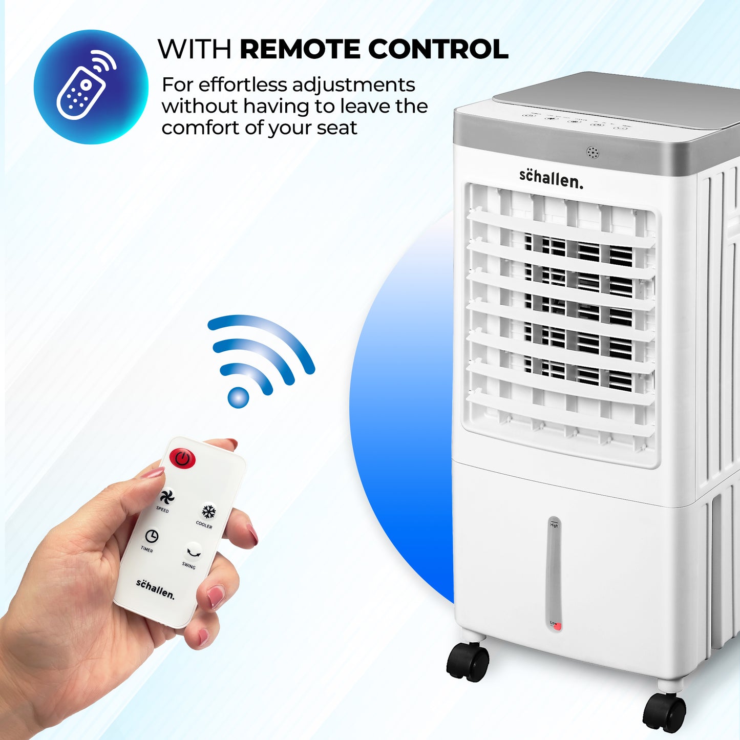 Schallen Portable Air Cooler for Home & Office Use, Sleek Design 3 Speed Settings with Large 10 Litre Water Tank, Remote Control, 65W (White & Grey)