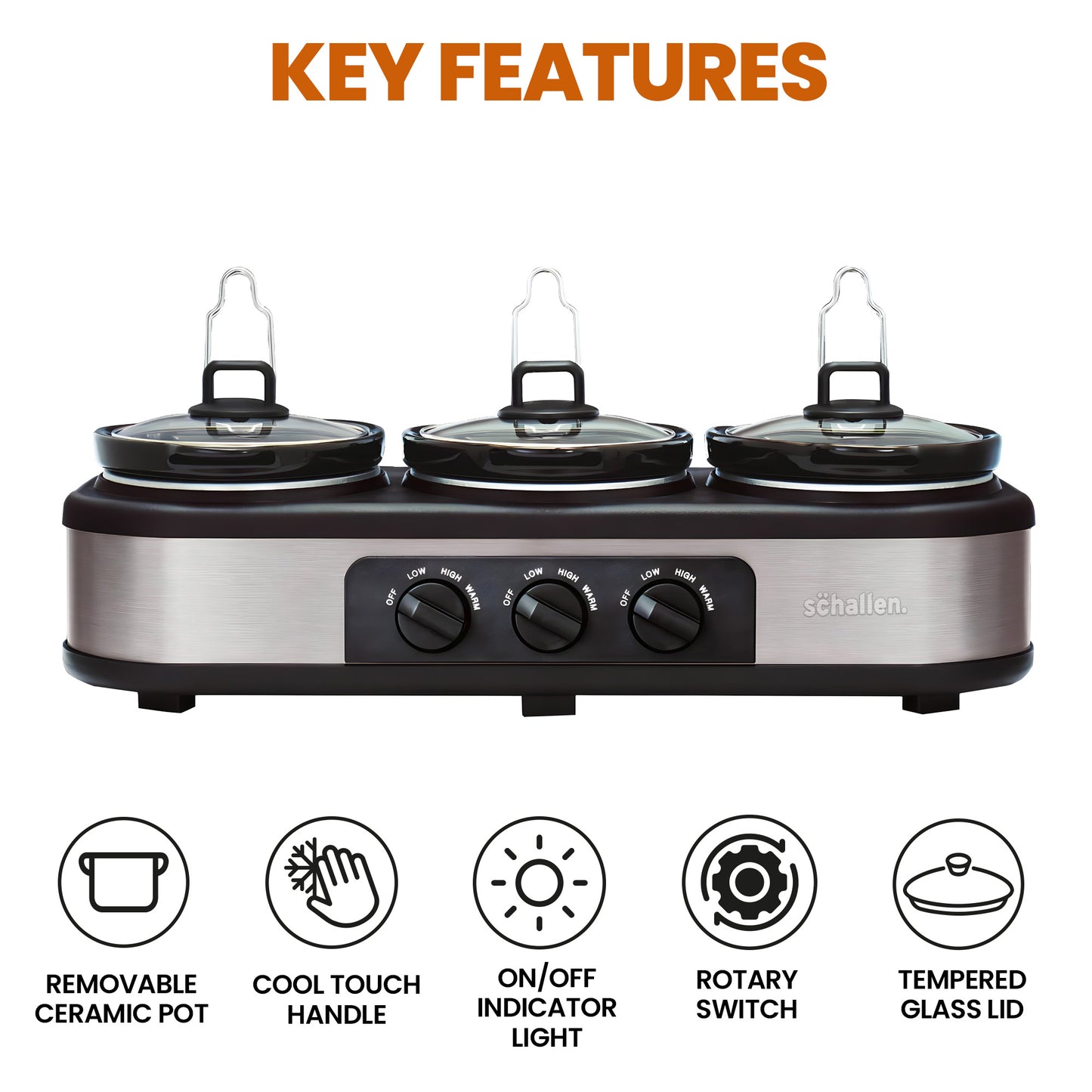 Schallen Triple 3 x 1L Stainless Steel Stew and Stir Slow Cooker Cooking Machine