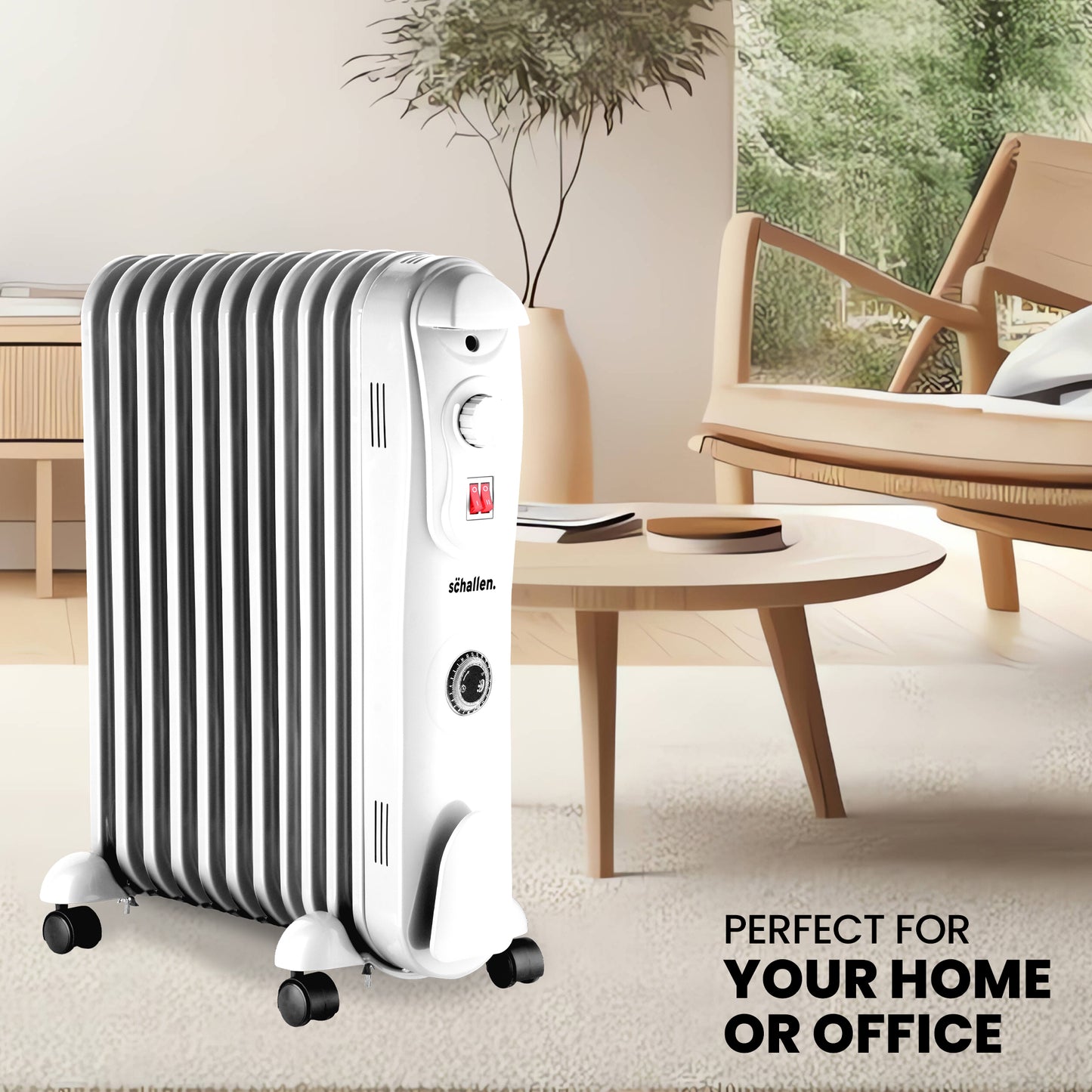 Schallen White 2500W 11 Fin Portable Electric Slim Oil Filled Radiator Heater with Timer