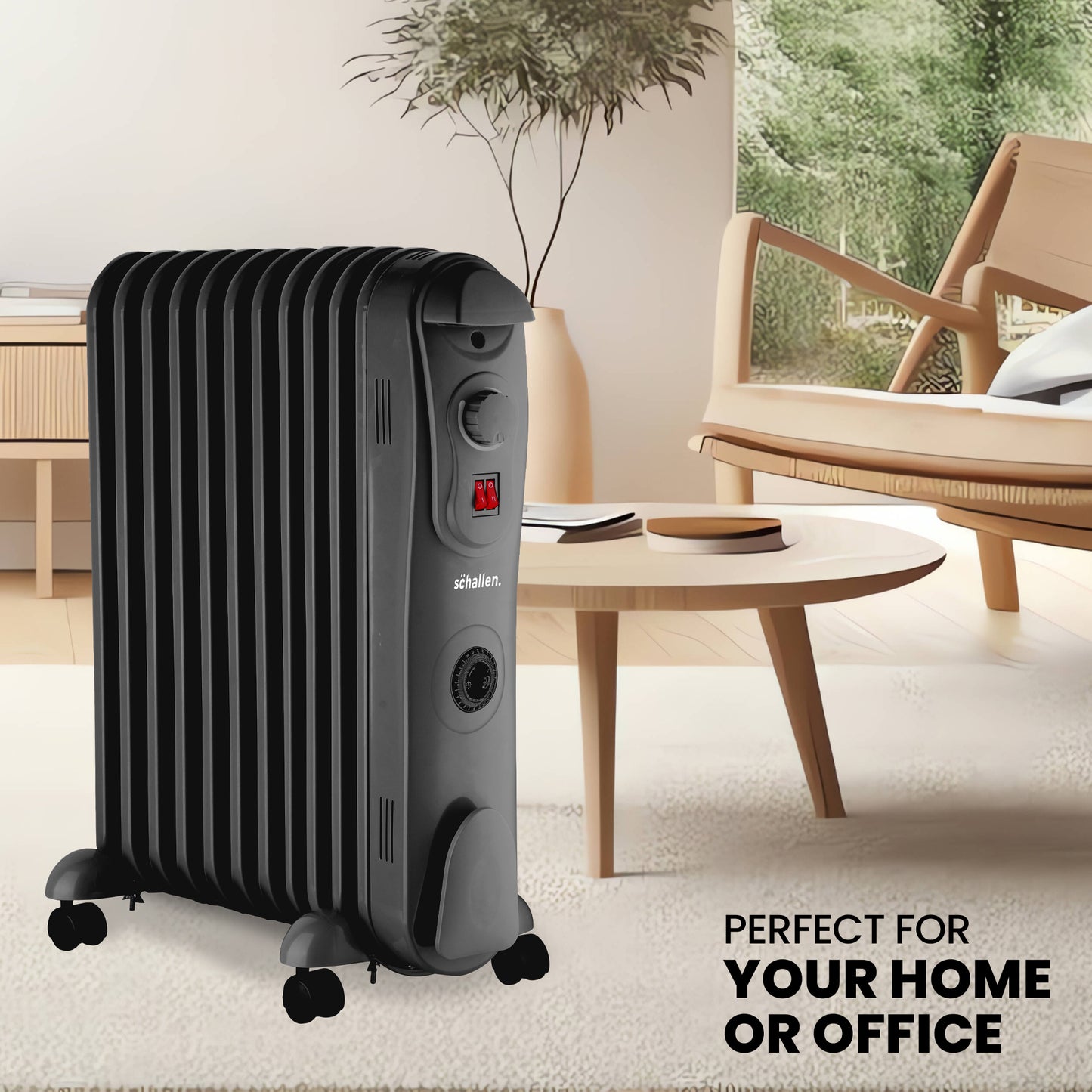 Schallen Black 2500W 11 Fin Portable Electric Slim Oil Filled Radiator Heater with Timer
