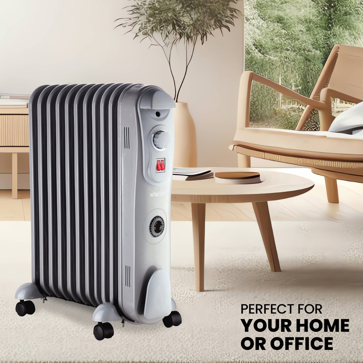 Schallen Grey 2500W 11 Fin Portable Electric Slim Oil Filled Radiator Heater with Timer