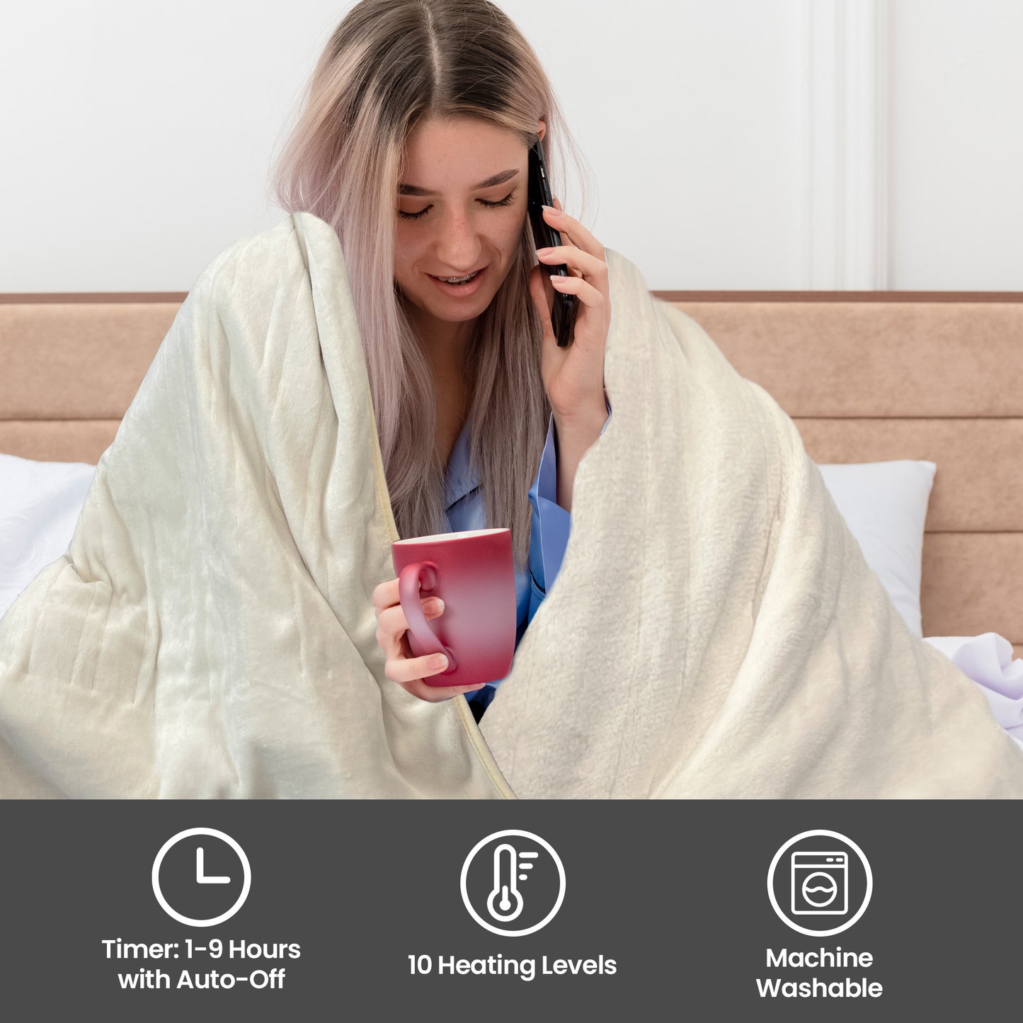 Schallen Pink Large Double Electric Soft Heated Throw Over Blanket with Timer