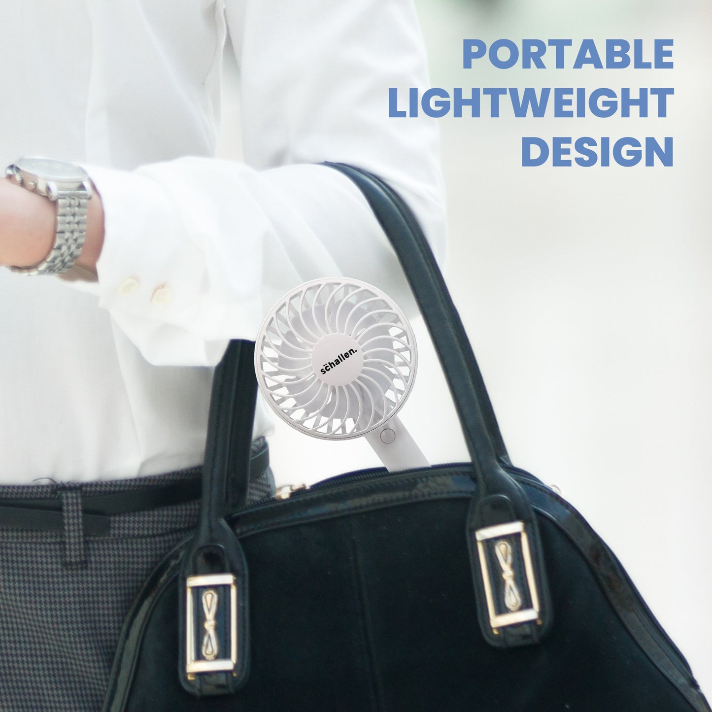 Schallen White Mini Portable Travel Handheld Fan Battery Powered USB Rechargeable Lightweight Fan