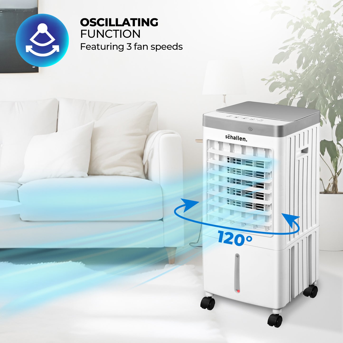 Schallen Portable Air Cooler for Home & Office Use, Sleek Design 3 Speed Settings with Large 10 Litre Water Tank, Remote Control, 65W (White & Grey)