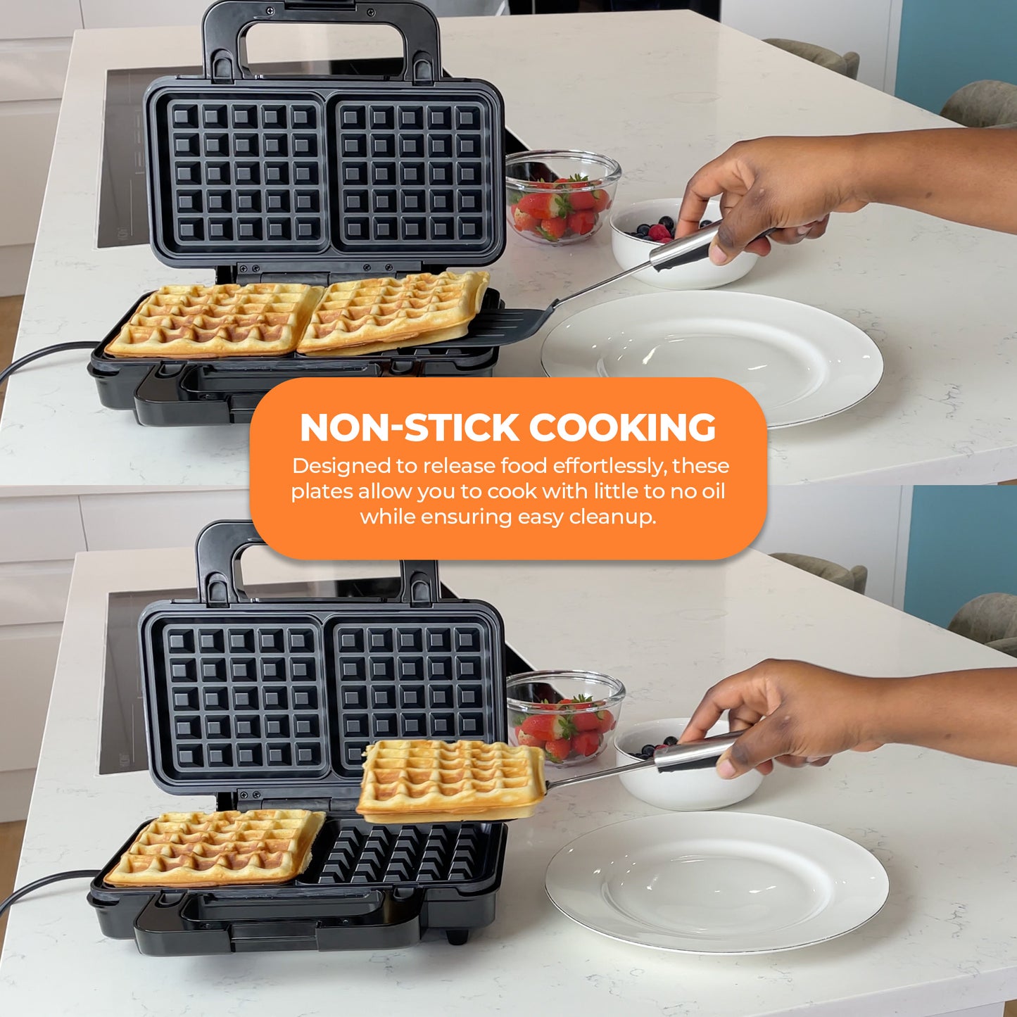 Schallen Waffler Maker, Large 2 Slice Square Non-Stick Hot Plates, Temperature Controlled Belgian Waffle Making Machine for Breakfast or Snacks (Stainless Steel, Black & Silver)