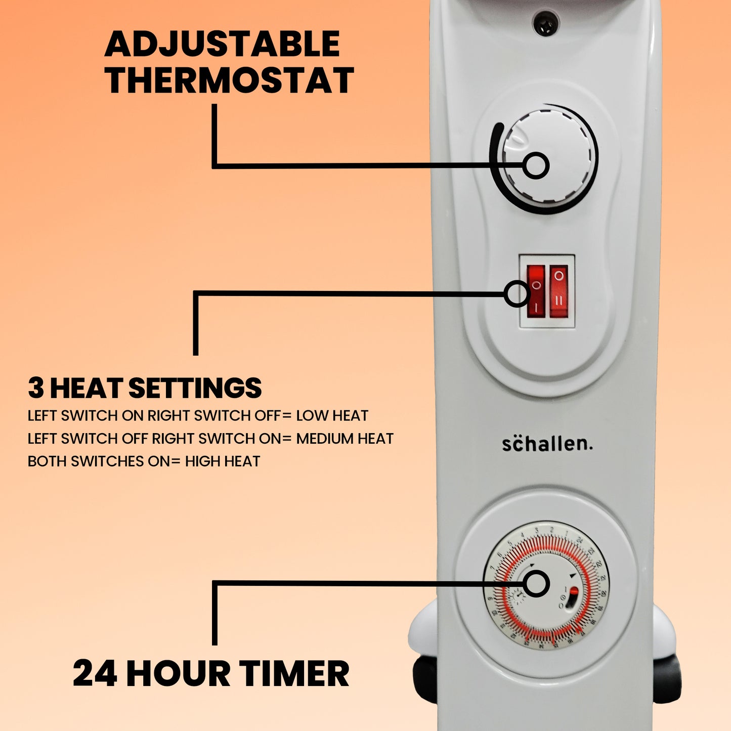 Schallen White 2500W 11 Fin Portable Electric Slim Oil Filled Radiator Heater with Timer