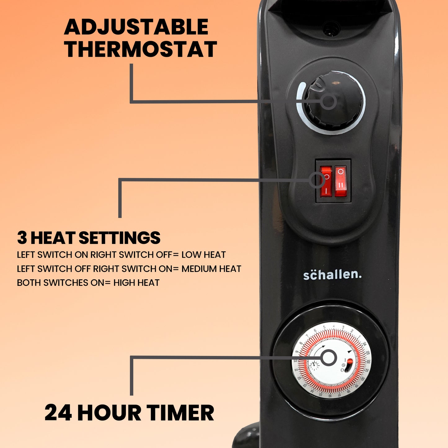 Schallen Black 2500W 11 Fin Portable Electric Slim Oil Filled Radiator Heater with Timer