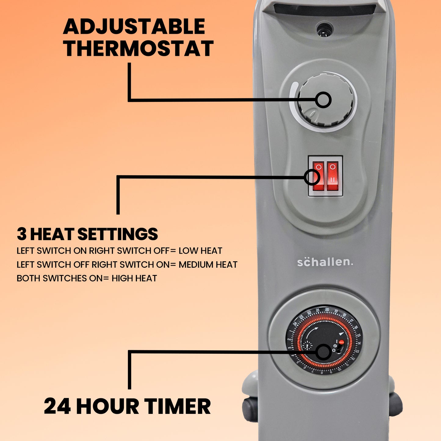 Schallen Grey 2500W 11 Fin Portable Electric Slim Oil Filled Radiator Heater with Timer