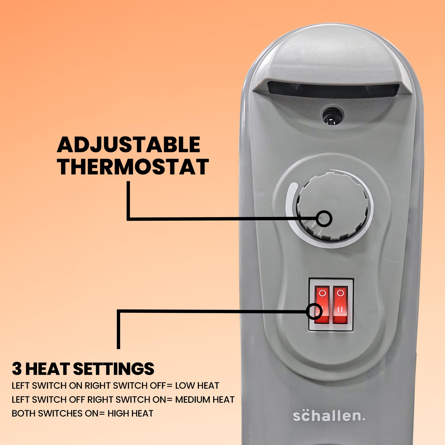 Schallen Grey 2000W 9 Fin Portable Electric Slim Oil Filled Radiator Heater
