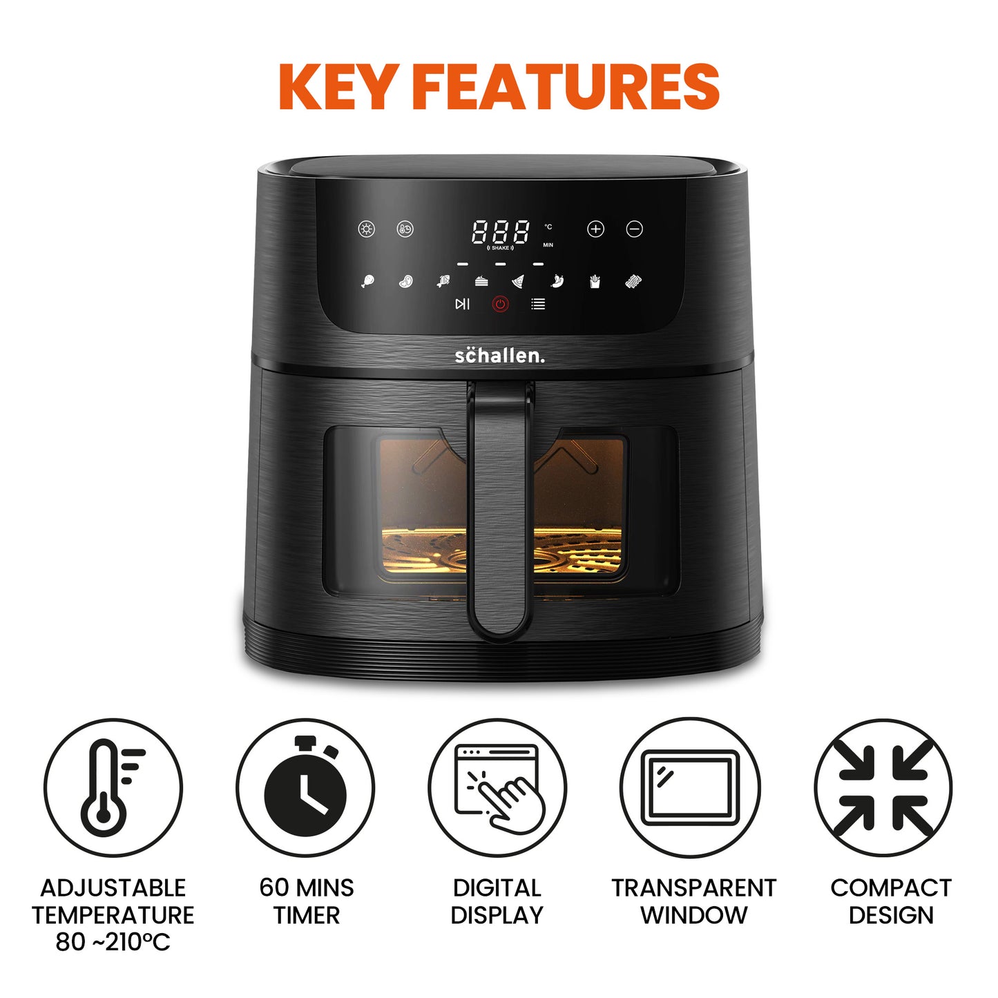 Schallen 4L Digital Air Fryer Cooking Machine with Touch Screen, Timer, Glass Viewing Window & Grill Rack
