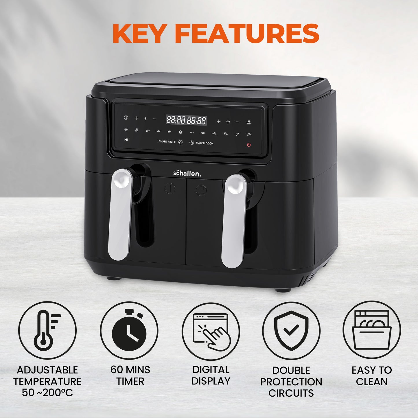 Schallen Black Dual Air Fryer, Digital, 10 Preset Functions, Low Running Cost and 60 Min Timer 