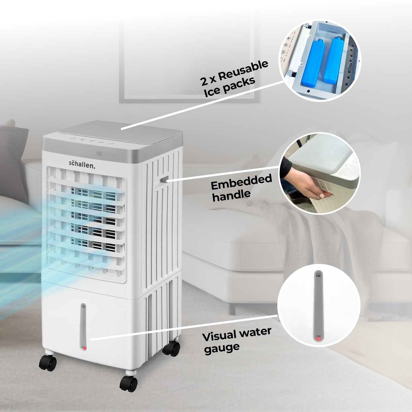 Schallen Portable Air Cooler for Home & Office Use, Sleek Design 3 Speed Settings with Large 10 Litre Water Tank, Remote Control, 65W (White & Grey)