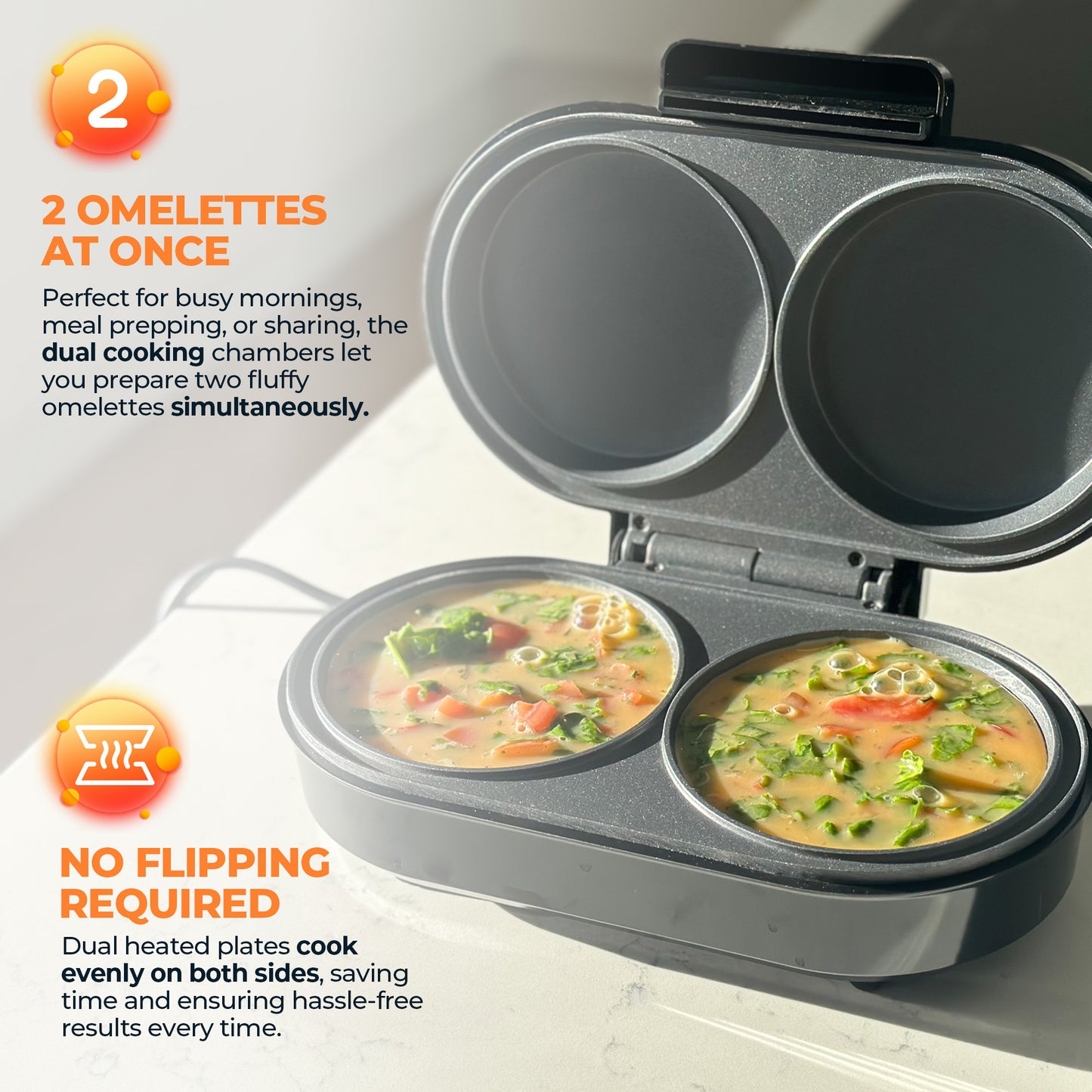 Schallen Electric Omelette Maker Deep Fill Healthy Eating Egg Pan with Non-Stick Coated Ceramic Plates & 2 Individual Cooking Plates with Cool Touch Handle (Stainless Steel)